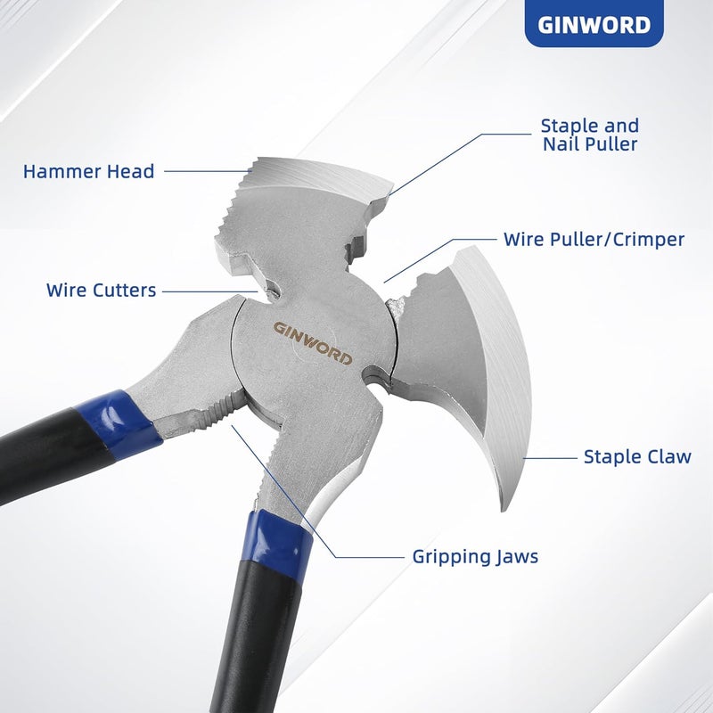 GINWORD Fencing Pliers,10.4 Inch Multi Fence Tool,Hammer Head, Wire Cutter Heavy Duty Fence Pliers,Nail Puller Pliers,Staple Puller,Fence Cutting Tools - Image 3